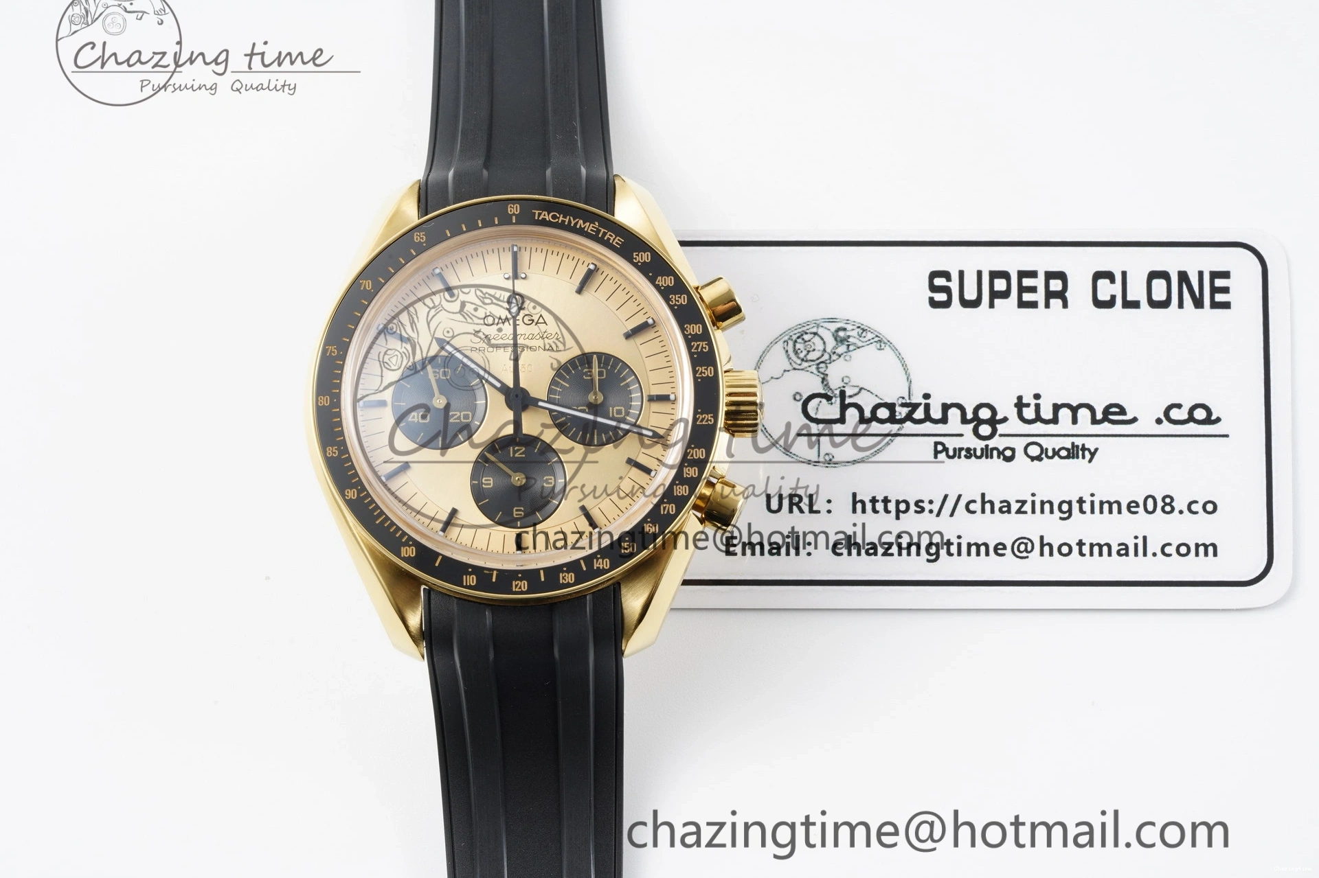 0421 TimelessDesign Speedmaster Moonwatch in Moonshine Gold YG RMF Best Edition YG Dial on Black Rubber Strap Manual Chrono 7834